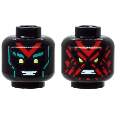 black minifigure head dual sided alien yellow eyes red v dark turquoise eyebrows happy angry with red splotch face pattern
