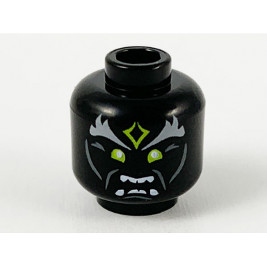 black minifigure head alien light bluish gray bushy eyebrows yellowish green forehead tattoo and eyes open mouth showing teeth pattern