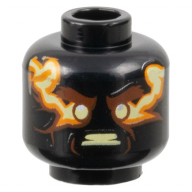 black minifigure head alien reddish brown eyebrows and dimples bright light yellow eyes orange energy angry with bared teeth pattern
