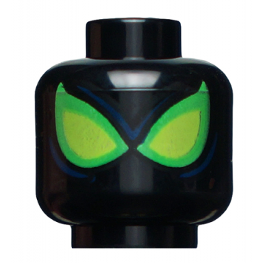 black minifigure head alien with spider-man large lime eyes with bright green borders dark blue lines pattern
