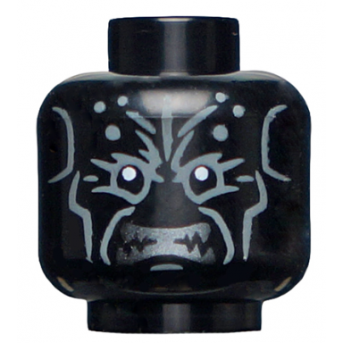 black minifigure head alien with silver fangs and gray highlights pattern