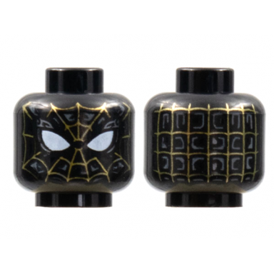 black minifigure head alien with spider-man gold webbing large white eyes pattern