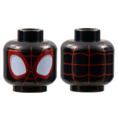 black minifigure head alien with spider-man red webbing large white eyes with light bluish gray edges and red borders pattern