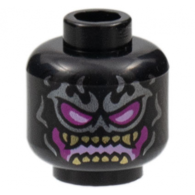 black minifigure head alien silver flame tattoos magenta and bright pink eyes and mouth gold teeth pattern