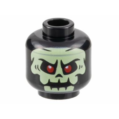 black minifigure head alien yellowish green skull with red eyes pattern