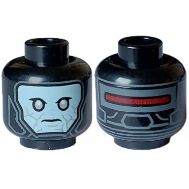 black minifigure head alien balaclava with light aqua face light bluish gray eyes dark bluish gray lines and red light on back pattern