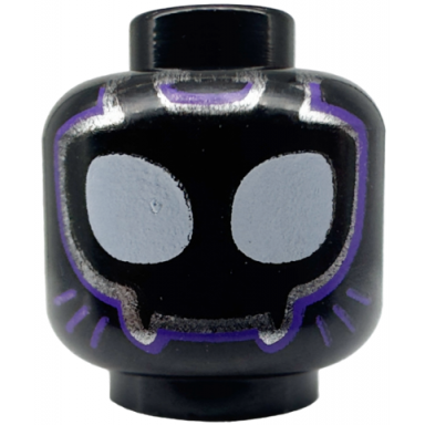 black minifigure head alien mask with white eyes and silver and dark purple outlines pattern