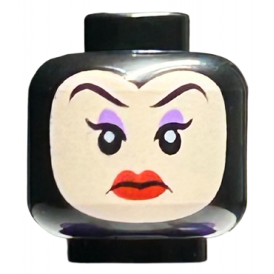 black minifigure head female light nougat face with eyebrows medium lavender eye shadow red lips frown pattern
