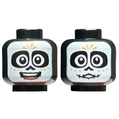 black minifigure head dual sided white face mask large eyes and nose nougat dots stitched mouth open mouth smile slight smile pattern