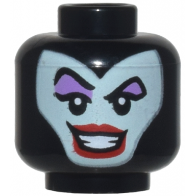 black minifigure head female balaclava with light aqua face medium lavender eye shadow pointed eyebrows one raised red lips open mouth smile pattern maleficent