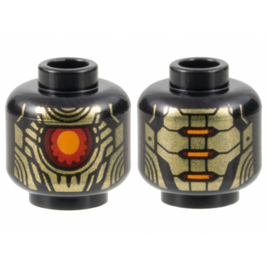 black minifigure head alien robot with gold armor plates and large red and orange eye pattern