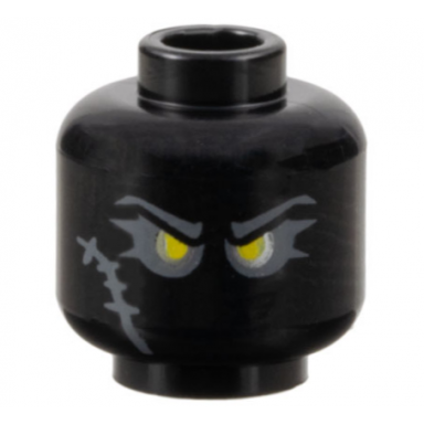 black minifigure head dark bluish gray eyebrows eye shadow and scar yellow eyes with silver outline pattern