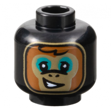 minifigure head alien balaclava dark tan and dark orange monkey face dark turquoise eye shadow lopsided open mouth smile with teeth pattern