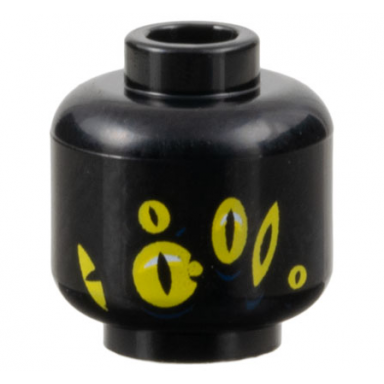 black minifigure head alien six yellow eyes with slit pupils pattern