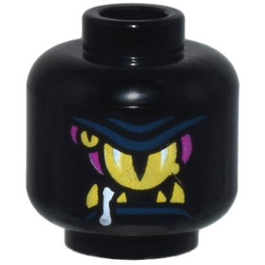 black minifigure head alien yellow and magenta eyes and fangs dark blue eyelid and lip white drool pattern