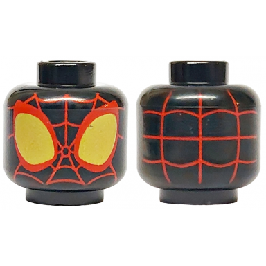 black minifigure head alien with spider-man red webbing large gold eyes with red borders pattern
