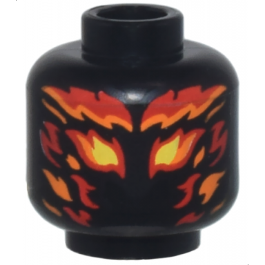 black minifigure head alien with yellow eyes and red and orange flames pattern
