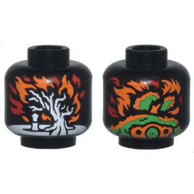 black minifigure head without face with white tree in orange and red flames bright green hobbit hill in flames pattern palantír palantir
