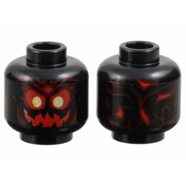 black minifigure head alien skull with red eyes and jagged mouth white and yellow pupils dark red contours pattern