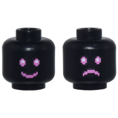 black minifigure head dual sided dark pink and white pixelated eyes and mouth happy smile sad frown pattern