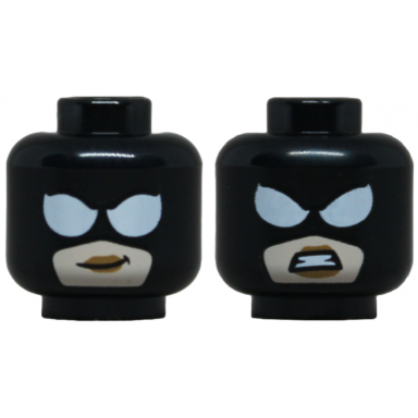 black minifigure head dual sided female balaclava with large white eyes over light nougat face with medium nougat lips lopsided grin angry bared teeth pattern