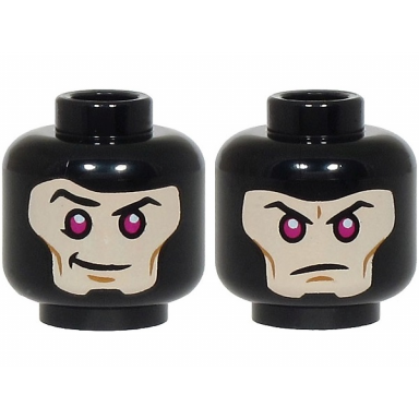 black minifigure head dual sided balaclava over light nougat face with eyebrows magenta eyes medium nougat cheek lines and chin dimple lopsided grin angry frown pattern
