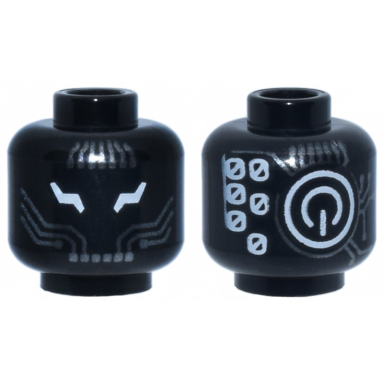 black minifigure head alien robot with white lightning bolt eyes dark silver circuitry power button logo and number 0 repeating on back pattern