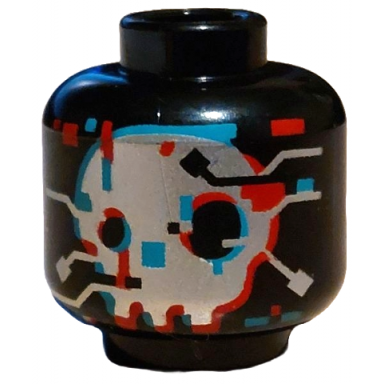 black minifigure head alien silver face dark turquoise and red outline rectangles and squares pattern