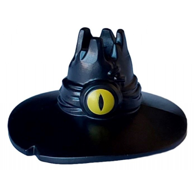 black minifigure headgear hat wide brim wrapped scarf and spikes on top with yellow eye pattern