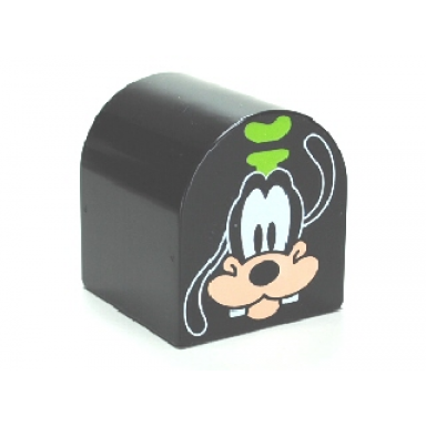 black duplo brick 2 x 2 x 2 slope curved double with goofy pattern