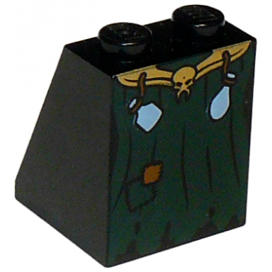 black slope 65 2 x 2 x 2 with bottom tube with minifigure dress skirt robe gold skull and potions belt dark green fabric pattern