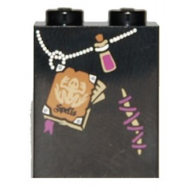 black slope 65 2 x 2 x 2 with bottom tube with minifigure dress skirt robe frog spells book potion and mended tear pattern witch