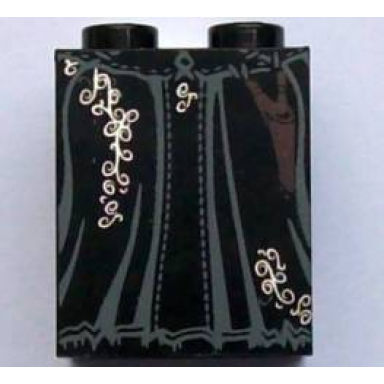 black slope 65 2 x 2 x 2 with bottom tube with minifigure dress skirt robe black bellatrix lestrange silver vines pattern