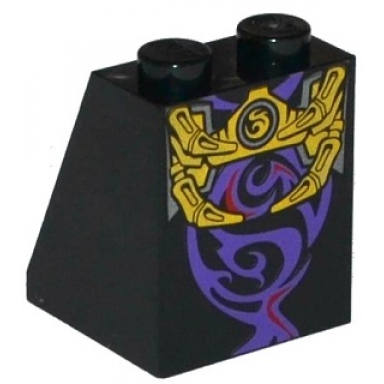 black slope 65 2 x 2 x 2 with bottom tube with minifigure dress skirt robe gold skeleton hips and ribs and red and dark purple swirls pattern