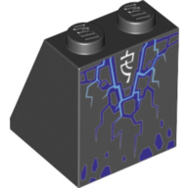 black slope 65 2 x 2 x 2 with bottom tube with minifigure dress skirt robe dark purple and bright light blue rock lightning and white arcane symbols pattern