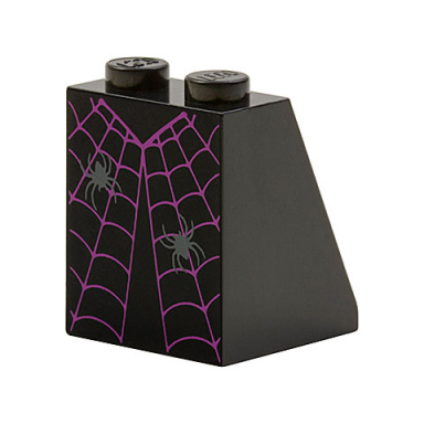 black slope 65 2 x 2 x 2 with bottom tube with minifigure dress skirt robe magenta spider web dark bluish gray spiders pattern bam