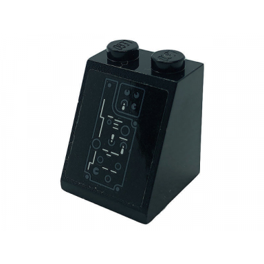 black slope 65 2 x 2 x 2 with bottom tube with control panel with silver switches and dark bluish gray dials pattern sticker - set 76139