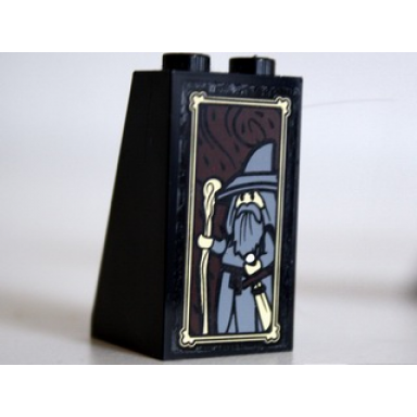 black slope 75 2 x 2 x 3 - solid studs with portrait of gandalf the grey pattern sticker - set 10237