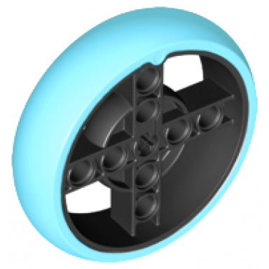 black wheel 56 x 14 technic with axle hole and 8 pin holes with molded medium azure hard rubber tire pattern