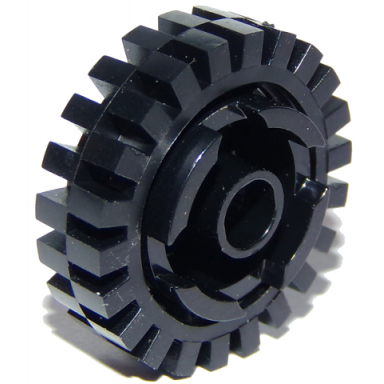 black brick round 2 x 2 with axle hole with black tire 24mm d x 8mm offset tread - interior ridges 3941 3483