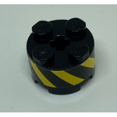 black brick round 2 x 2 with axle hole with black and yellow danger stripes pattern sticker - set 70610