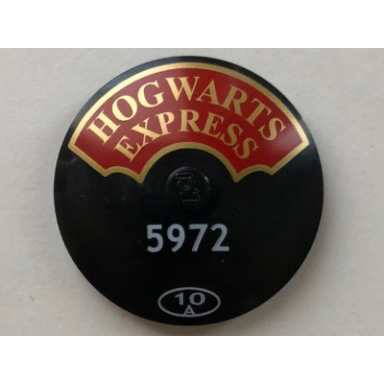 black dish 4 x 4 inverted radar with solid stud with gold hogwarts express on red background small white 5972 and 10 in oval pattern