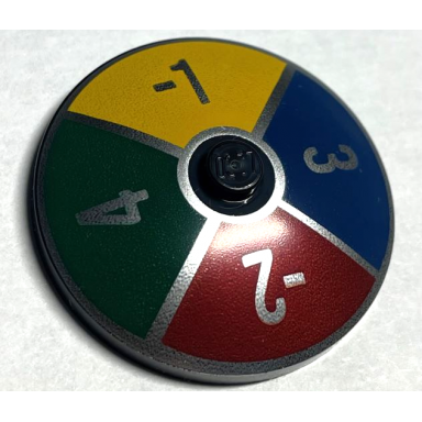 black dish 4 x 4 inverted radar with solid stud with silver number -1 -2 3 and 4 on dark blue dark green dark red and yellow background pattern game spinner