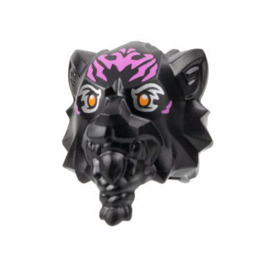 black minifigure head modified tiger with braided beard with dark pink markings and orange eyes with silver outlines pattern