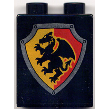 black duplo brick 1 x 2 x 2 with shield - dragon with yellow and red background pattern