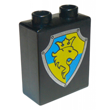 black duplo brick 1 x 2 x 2 with shield - lion and crown on yellow and blue background pattern