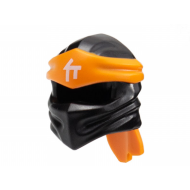 black minifigure headgear ninjago wrap type 4 with molded orange headband and printed white ninjago logogram letter c pattern