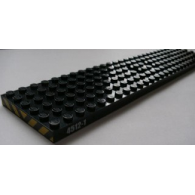 black train base 6 x 28 with 3 round holes each end and 1 x 2 cutouts with black yellow danger stripes back front and 4512-1 both sides pattern stickers - set 4512
