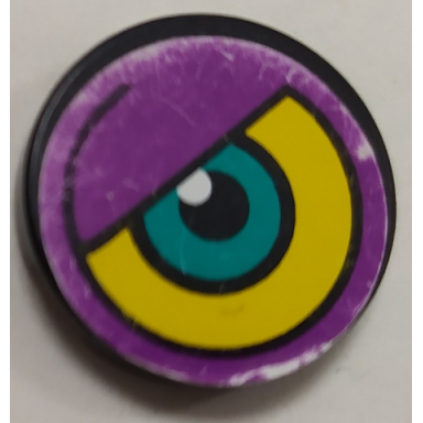 black tile round 2 x 2 with purple yellow background and dark turquoise eye pattern model left side sticker - set 8245