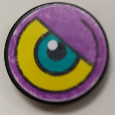 black tile round 2 x 2 with purple yellow background and dark turquoise eye pattern model right side sticker - set 8245